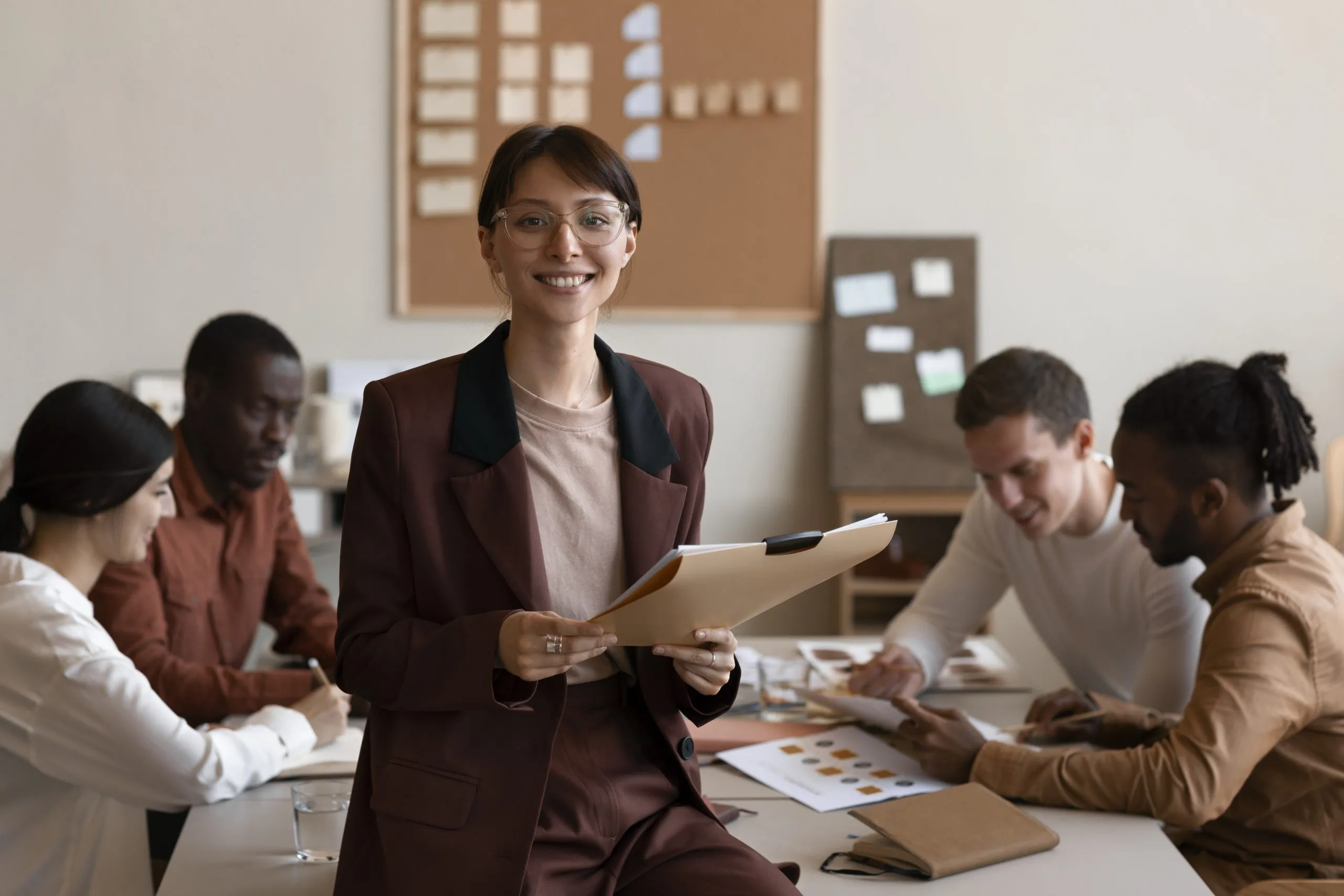 A woman at work, smiling